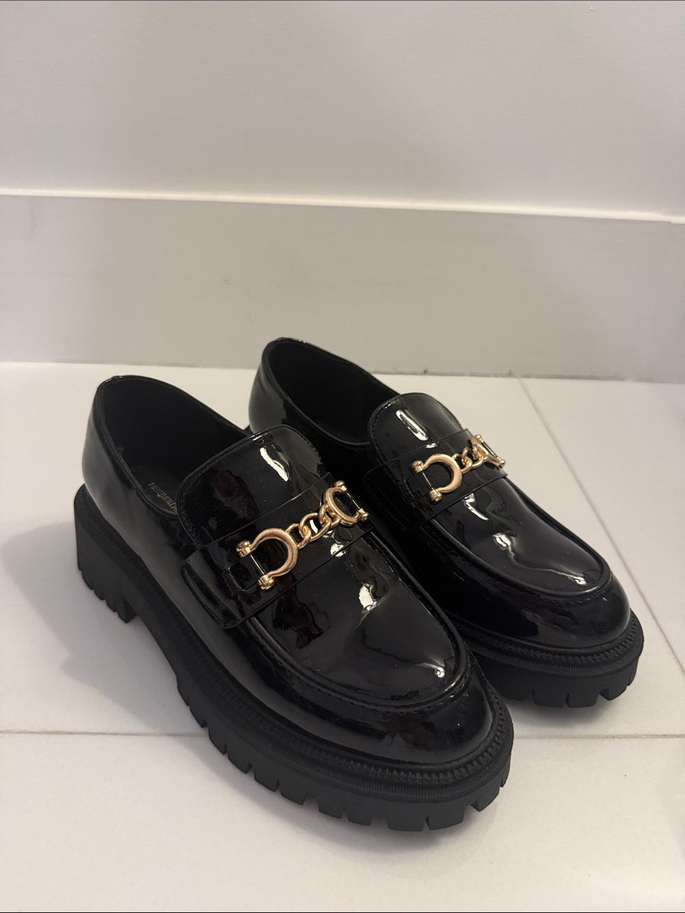 Black Patent Loafers with Gold Chain Accent (BRAND NEW)